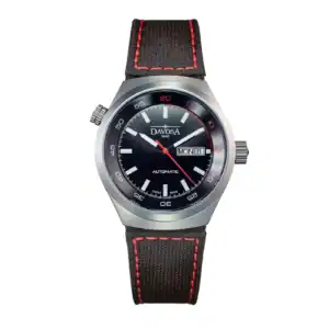 The Davosa Trailmaster Ref: 161.518.55 features a black dial, silver case, red accents, day-date display, and a black leather strap with red stitching. White hands and indices pair with a striking red seconds hand.