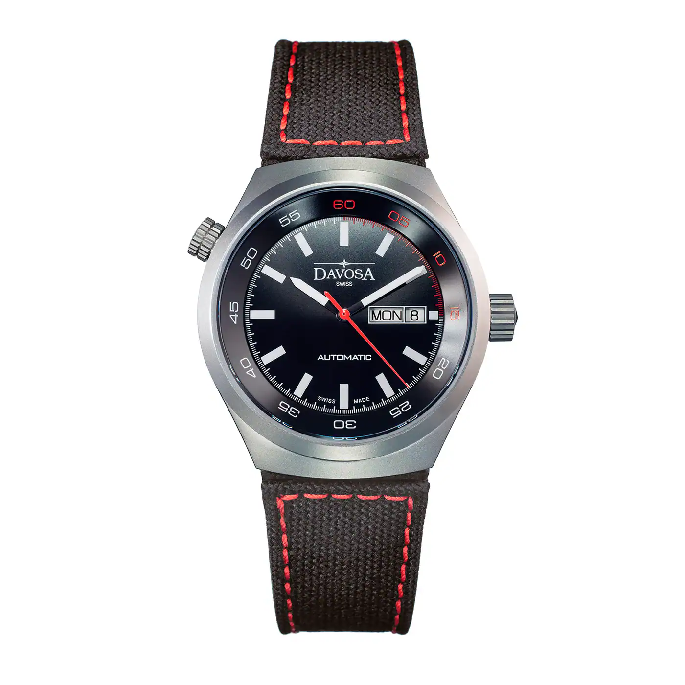 The Davosa Trailmaster Ref: 161.518.55 features a black dial, silver case, red accents, day-date display, and a black leather strap with red stitching. White hands and indices pair with a striking red seconds hand.