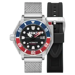The RGMT TORPEDO AUTOMATIC MIDNIGHT BLACK (SKU: RG-8027-44) features a silver case, red and blue bezel, black dial with PGMT AUTOMATIC 1000M, mesh metal strap, date display, and comes with an extra black rubber strap.
