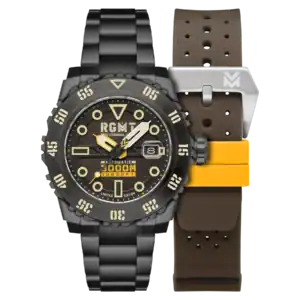 The RGMT OHIO AUTOMATIC CHOCOLATE BROWN (SKU: RG-8034-0E) features a rugged black case, bold yellow markers and hands, a brown perforated rubber strap with yellow accents, date display, and is water resistant to 3,000 metres.