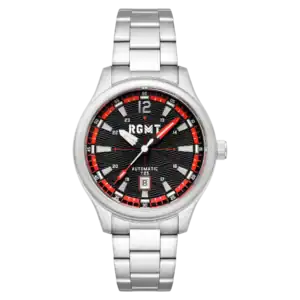 The RGMT Watches TRITIUM AUTOMATIC BLACK STEEL (SKU: RG-8046-22) features a polished silver metal link bracelet, a black and red dial with silver hour markers, white hands, date at 6 o’clock, and “RGM” branding.