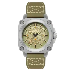 The RGMT Watches ALTIMETER SKELETON AUTOMATIC Sniper Green (SKU: RG-8064-06) features a silver case, round transparent face with gold markers and hands, textured crown, and an olive green leather strap with white stitching.