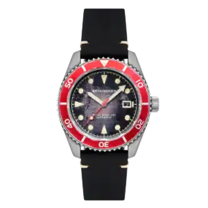 The Spinnaker Wreck Automatic SP-5089-02 wristwatch features a black dial, red bezel, silver case, black strap, date window, large luminous hour markers and hands, and displays the Spinnaker brand.