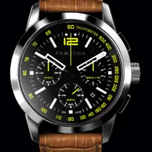 The Panzera TIME MASTER 45C TM45C-01L1 features a brown leather strap, black dial with yellow numerals and markings, silver casing, three sub-dials, and a tachymeter scale around the edge for a stylish look.