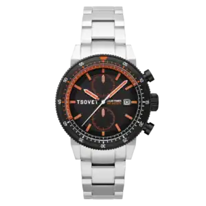 The Tsvot SLR FW42 Solar Power Chronograph features a silver stainless steel case, black and orange dial, black bezel, silver hour markers, two sub-dials, and displays the date plus “Solar Power 100 Metres” in white and orange text.
