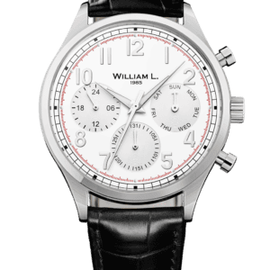 William L 1985 Vintage Style Calendar STAINLESS STEEL WITH WHITE DIAL AND BLACK ‘CROCO’ STRAP Ref. WLAC03BOCN - Buy with Klarna