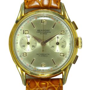 Benmore Chronographe Suisse Mechanical Watch with a gold-tone case, two sub-dials, tan crocodile-pattern leather strap, and gold time markers. Features Antimagnetic 17 Jewels. Pay interest-free in three with Klarna.