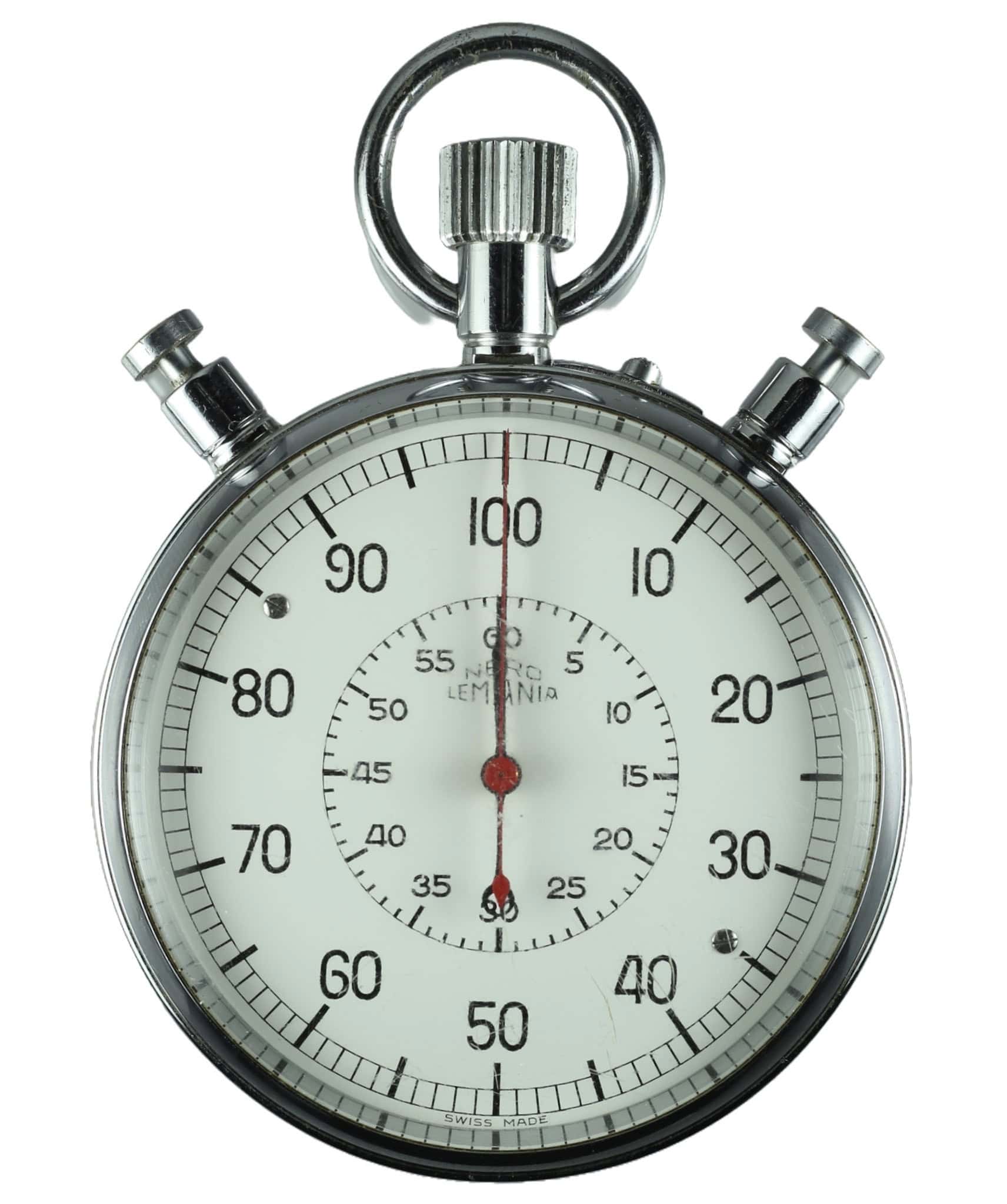 The Lemania Nero Mechanical Rattrapante Stopwatch Timer is an extremely rare silver stopwatch with a white face, black numbers, three top buttons, and “Lemania” at the centre. Pay interest-free in three instalments with Klarna.