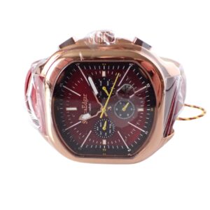 The sold-out Swan and Edgar Round Edge Octagon Automatic Chronograph features a maroon hexagonal face, gold-tone case, and chronograph dials, shown against a white background with protective wrap on the strap and case.