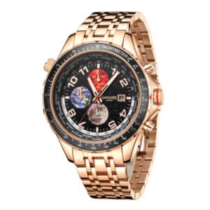 The GAMAGES of London Limited Edition Astronomer Automatic Rose Gold features a metal link bracelet, multicoloured planet-inspired subdials, a tachymeter bezel, and the Gamages logo on the dial. Retailed at £700.