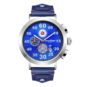 The Swan and Edgar In Flight Automatic- Silver Navy features a blue dial with white and red details, three sub-dials, silver bezel, blue leather strap with red stitching, and large white numerals.