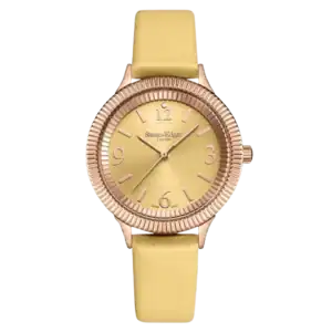 The Swan and Edgar Ladies’ Crown Diamond - Rose is a gold-tone wristwatch with a textured bezel, minimalist dial, tan leather strap, and gold hour markers and hands.