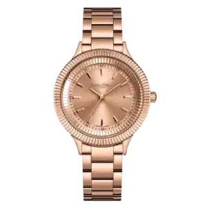 The Swan and Edgar Ladies' Duet – Rose is a rose gold wristwatch with a metallic strap, textured bezel, and minimalist dial featuring slender hour markers and hands. “Swiss Brand” appears on the face against a solid green background.
