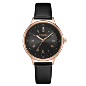 The Swan and Edgar Ladies' Oyster Diamond - Black features a black leather strap, black dial, rose gold case, Roman numerals, and rose gold hands with the Swan & Edgar logo displayed on the dial.