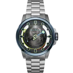 The NUBEO TRANQUILITY AUTOMATIC LIMITED EDITION Crescent Blue NB-6091-22 features a silver metal strap, blue bezel, dark moon phase dial, luminous geometric hands and markers, and yellow, red, and green accents.