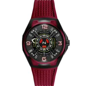 The NUBEO OAO AUTOMATIC LIMITED EDITION Mars Red NB-6094-02 features a black dial with white numerals, yellow and white accents, a textured red strap, and a circular centre design. “Nubeo” and “Limited Edition” are displayed on the face.
