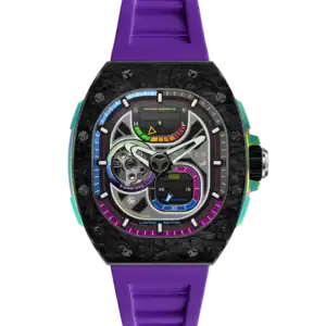 The NUBEO VIPER AUTOMATIC LIMITED EDITION Indigo NB-6105-06 features a black textured case, vivid multi-coloured dial with visible mechanics, and a purple rubber strap. Colourful accents and "LIMITED EDITION" are marked at the bottom.