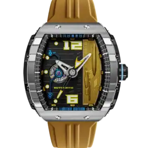 The NUBEO MAGELLAN AUTOMATIC STAR TREK WARP SPEED LIMITED EDITION features a modern rectangular design with a yellow strap, metallic silver bezel, and black, yellow, and blue dial accents. Bold numbers and futuristic Limited Edition details complete the look.