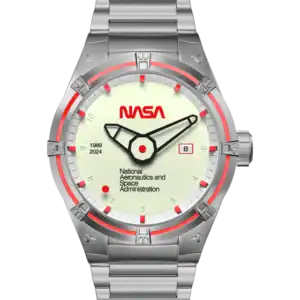 The NUBEO GALILEO AUTOMATIC NASA LIMITED EDITION Space White NB-6107-NAS-11 is a silver wristwatch with a metallic strap, white dial, bold red NASA logo, date window, years 1989 and 2024, and the agency’s full name in black below the logo.