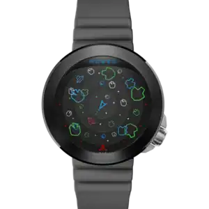 The NUBEO VENTANA AUTOMATIC ATARI ASTEROIDS 45TH LIMITED EDITION Nova Nightfall NB-6111-05 is a wristwatch with a black strap and face, featuring colourful asteroid and spaceship art inspired by the classic arcade game.