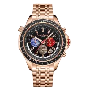The Swan and Edgar World Timer Mecha Quartz features a rose gold case, black tachymetre bezel, multicoloured subdials (blue, red, silver), linked metal strap, chronograph functions, and date indicators.