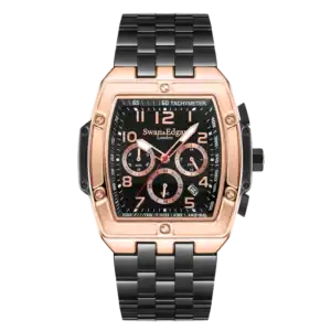The Swan and Edgar Ambassador Mechanical Quartz Hybrid features a rectangular rose gold bezel, black dial with three sub-dials, and a two-tone black and silver metal bracelet for luxurious style.