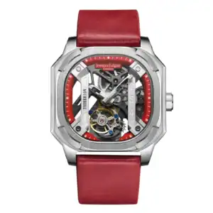 The Swan and Edgar Vortex Tourbillon Automatic Red is a square-faced wristwatch with a red leather strap, silver case, skeleton dial revealing gears, red and silver accents, and "Tourbillon" on a metal bar inside the face.