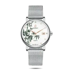 The Boderry Women's FLOWER features a silver mesh bracelet, white dial with bamboo design, gold hour markers, date window, and brand name. This Swiss quartz watch offers a sleek, minimalist look with 16 variants and leather or bracelet strap options.