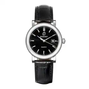 The Boderry Women's CLASSIC COLLECTION 32MM features a Swiss Quartz movement, black leather strap, black dial, silver case, sleek minimalist hands and white markers with a date window at 3 o'clock. Available in 17 colourways. Use coupon WATCHAHOLIC at checkout.