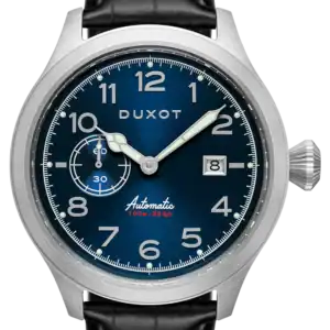 The Duxot DX-2021-01 Altius Automatic Men’s Watch features a silver case, blue dial with white numerals, small seconds at 9, date at 3, “Automatic” above 6, and a black leather strap. 46mm size. 10ATM water resistance.