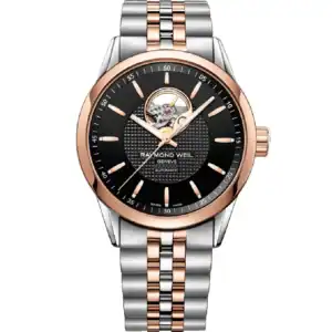 Raymond Weil Men's Freelancer Automatic Watch 2710-SP5-20021 features a two-tone silver and rose gold bracelet, black dial, exposed movement at 12 o'clock, and rose gold accents on bezel, hands, and hour markers. Box/papers included.