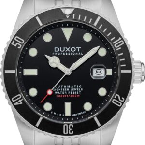 The Duxot Atlantica Professional Swiss Automatic Black Dark Grey Bezel DX-2033-11 300m Ltd Edition features a black dial with round markers, date at 3 o’clock, rotating bezel, and is shown on a metal link bracelet.