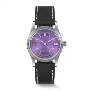 The Boderry HOU 80-Hour Power Reserve Vintage Automatic Watch features a textured purple dial, silver hour markers, a date display at 3 o’clock, stainless steel case, and black leather strap with white stitching.