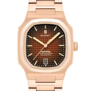 The Duxot Colmar Automatic Copper Brown DX-2069-55 features a rose gold linked strap, square case, a textured brown gradient dial with gold markers, three hands, date at 6 o’clock, and the Duxot logo at 12. Also available in other colours.
