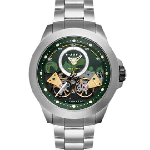 The NUBEO VOYAGER AUTOMATIC Night Grey NB-6013-44 is a silver metal wristwatch featuring a green skeleton dial with visible gears, gold accents, and 200M water resistance. Labelled “Nubeo” and “Automatic,” it showcases its internal mechanisms.