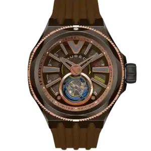 The NUBEO MESSENGER TOURBILLON LIMITED EDITION Deep Brown NB-6075-0A features a brown strap, black and rose gold case, bold markers, a visible tourbillon on the dial, and “Limited Edition” text on the bezel.