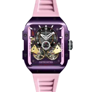 The NUBEO MAVEN AUTOMATIC LIMITED EDITION Rich Purple NB-6077-0D features a rectangular case in purple, intricate exposed mechanics, and a light pink strap. A horizontally blurred background and strap emphasise the detailed watch face.