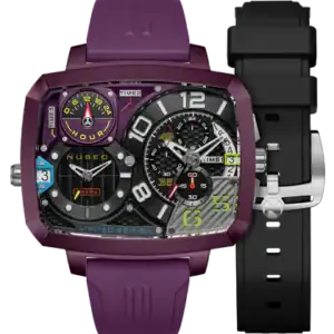 The NUBEO ODYSSEY TRIPLE TIME ZONE CHRONOGRAPH LIMITED EDITION Metallic Purple NB-6084-06 features a square face with colourful numbers, a purple bezel, a purple silicone strap, and includes a black replacement strap.