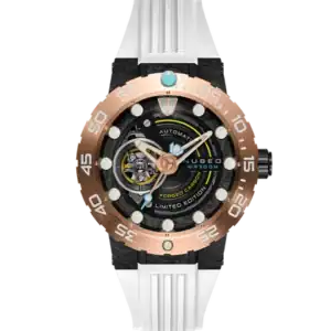 The NUBEO OPPORTUNITY AUTOMATIC Forged Carbon Rose Gold NB-6085-06 is a luxury wristwatch with a white strap, black and gold bezel, black and gold skeleton dial displaying gears and Limited Edition text. Marked Automatic and WR300M.