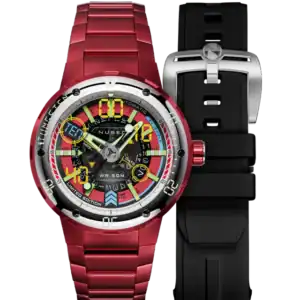 The NUBEO MARINER 9 AUTOMATIC LIMITED EDITION Moon Red NB-6090-55 features a red metal band, a black and yellow dial with exposed mechanics, and comes with an interchangeable black rubber strap with a silver buckle.