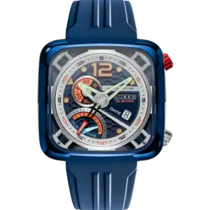The NUBEO ECLIPTIC RETROGRADE DUAL TIME LIMITED EDITION Space Blue NB-6096-03 features a square blue face with metallic bezel, red, orange, and white accents, multiple sub-dials, date window, and a blue silicone strap.