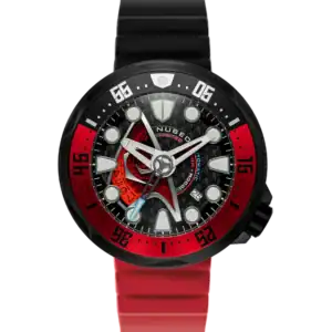 The Nubeo VENTANA AUTOMATIC STAR TREK STARFLEET LIMITED EDITION Ops Red NB-6104-03 features a black and red bezel, black case, split strap, luminous markers, silver hands, and a partially skeletonised dial showing the movement.