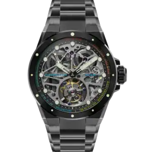 The Nubeo POLARIS TOURBILLON LIMITED EDITION Dark Void NB-6109-33 is a luxury skeleton watch with a black metal strap, colourful bezel accents, and blue and red outlined hands. Available in six colourways.