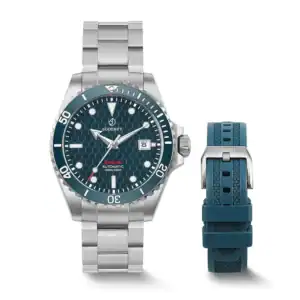 The Boderry SEATURTLE OCEAN (TITANIUM) Automatic Diver Watch features a sea blue honeycomb-patterned dial, date display, rotating bezel, titanium bracelet, and comes with a matching blue rubber strap and titanium buckle.