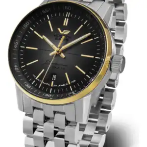 The Vostok Europe GAZ-14 NH35A-565E593B Automatic Watch features a black dial, gold bezel, silver strap, date window at 6 o'clock, luminous hands and markers, and displays "Automatic" and "24 Jewels" on the face.