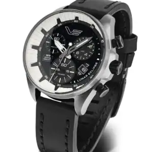 The Vostok Europe LUNAR ECLIPSE 6S30-325E727 features a black leather strap, silver case, black dial with three sub-dials, date window, baton markers, side buttons, and "Lunar Eclipse" inscribed on the dial. Pay later with Klarna.
