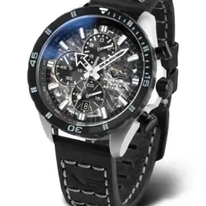 The Vostok Europe CERES ASTEROID 6S10-320E693 is a black and silver men’s watch with a textured leather strap, white stitching, multi-dial chronograph, bold markers, and rotating bezel. Pay later with Klarna.