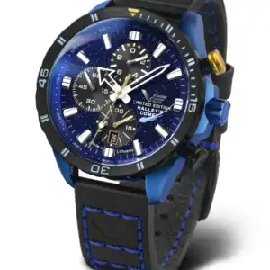 The Vostok Europe HALLEYS COMET 6S10-320E694 is a black and blue wristwatch featuring a starry sky face, three chronograph sub-dials, bold white markers and hands, plus a black leather strap with blue stitching. "Limited Edition Halleys Comet" is on the dial.