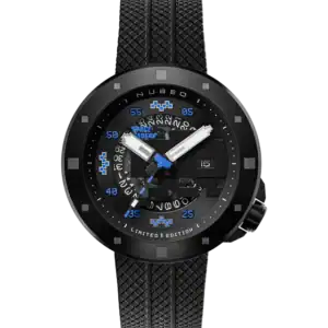 A black Nubeo CASSINI AUTOMATIC SPACE INVADERS LIMITED EDITION wristwatch with a textured strap, blue and white numerals, three hands, date window, geometric abstract face designs, and "LIMITED EDITION" at the bottom.