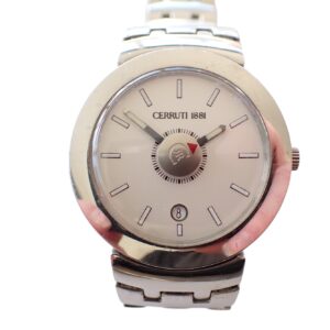 The Cerruti 1881 60215011 Date Ladies' Watch features a silver case, white dial, silver hour markers, and a date display at 6 o’clock, displayed on a white background.